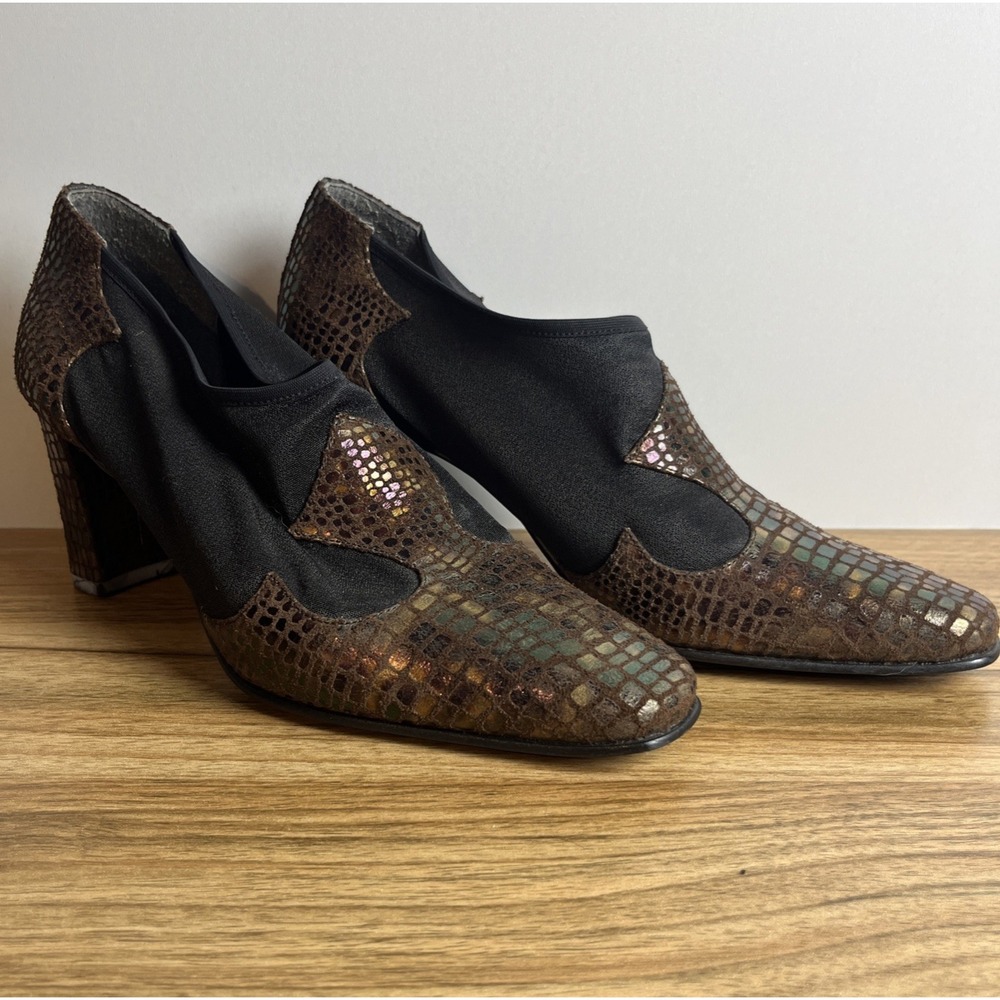 J. Renee Leather Reptile Block Heels 7.5 Blk Brown Slip on Stretch Ankle Bootie